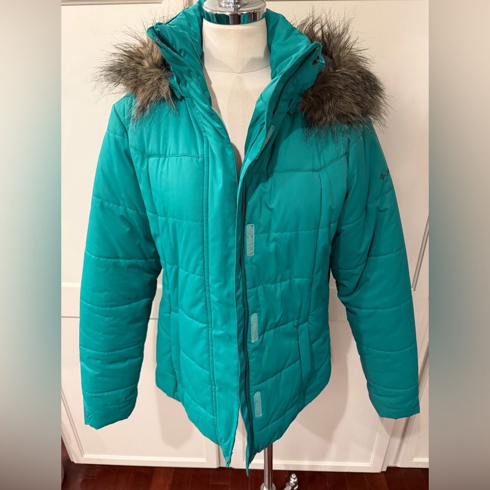 Women's Columbia Teal Puffer Jacket with Faux Fur Hood